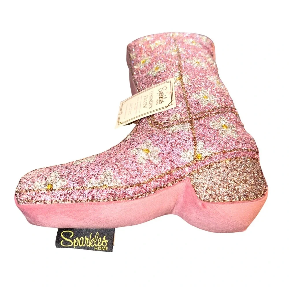 Sparkles Home Pink Glitter Cowboy Boot Pillow Western Daisy Glam Decor Floral